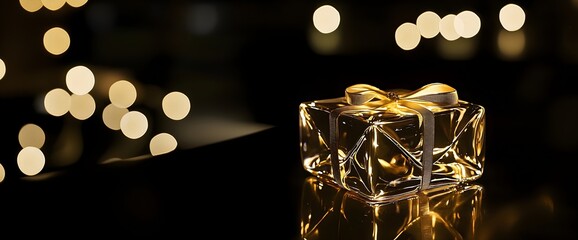 Crystal-like gift box with golden bow against bokeh lights. luxury retail, holiday promotion, christmas campaign, wedding service, jewelry brand, exclusive event, high-end product launche.