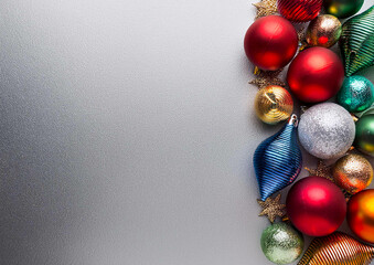 colourful Christmas decorations on a silver background
