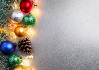 colourful Christmas decorations on a silver background