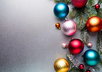 colourful Christmas decorations on a silver background
