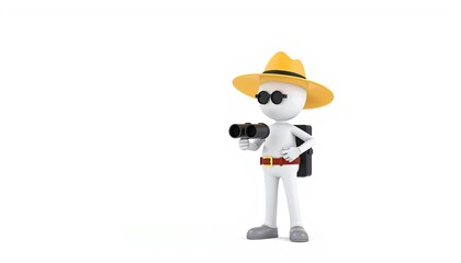 3D stick figure adventurer in safari hat with binoculars, minimalist style for travel and wildlife visuals with copy space