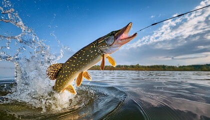 Northern pike jumping out of water while fishing with fishing rod
