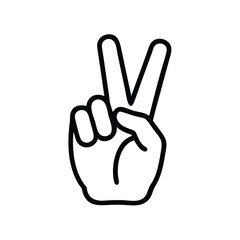 Obraz premium Peace Sign Hand Gesture Outline Icon, Minimalist black outline of a hand making a peace sign, symbolizing harmony, victory, and positivity, ideal for social and motivational themes. 