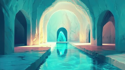 Turquoise reflection in a shadowed passage showcasing striations and marble arches within a unique cavern setting