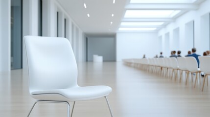Empty white chair in a large modern conference hall with rows of seats and soft natural lighting