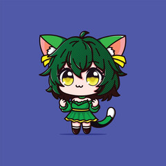 A Cute Girl with Cat Ear and Tail Cartoon Vector Illustration Icon Concept Isolated Premium Vector. Flat Cartoon Style green and yellow