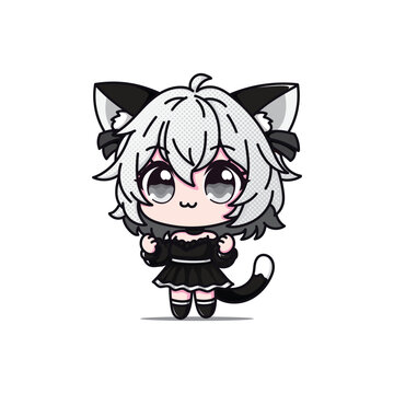 A Cute Girl with Cat Ear and Tail Cartoon Vector Illustration Icon Concept Isolated Premium Vector. Flat Cartoon Style white and black