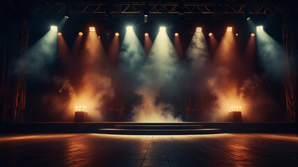 Illuminated stage with scenic lights and smoke 