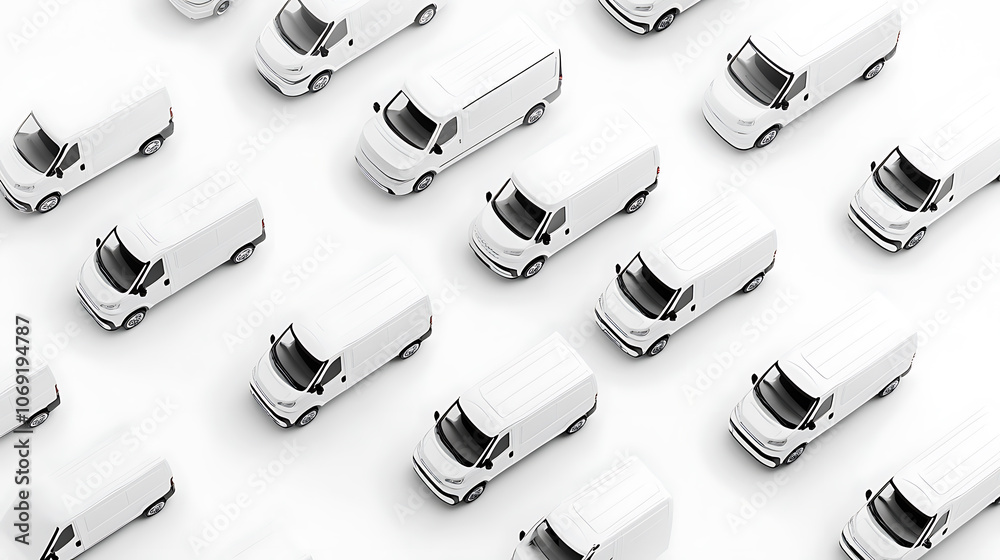 Poster fleet of white generic and unbranded vans on a white background