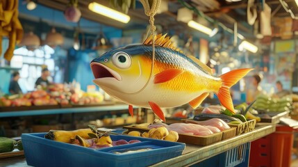Fresh Hilsa fish displayed at a bustling retail fish market showcasing vibrant colors and local culinary culture