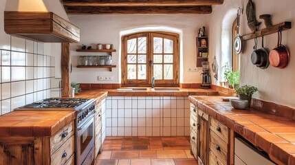 Fototapeta premium Rustic Kitchen with Exposed Beams, Tile Countertops, and Window Views