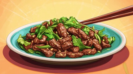 Delicious plate of dry fried beef hor fun garnished with fresh greens perfect for Asian cuisine lovers