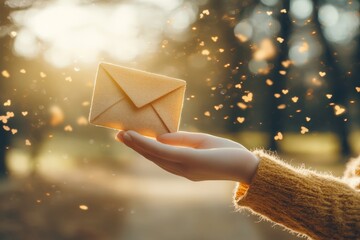 Woman holding envelope in outdoor magical light symbolizing traditional message personal connection and enchanted communication with warm natural vibes