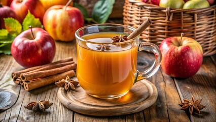 Warm cup of hot apple cider with spices, surrounded by fresh apples and cinnamon sticks, rustic background