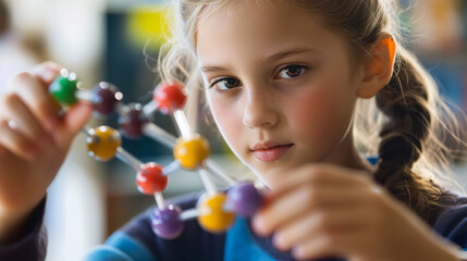 Schoolgirl engrossed in constructing a molecule model during a chemistry lesson at school