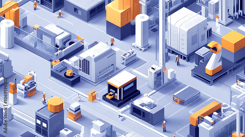 Poster industry 4,0 smart factory interior showcases iiot machines, efficient workstations, and automated p