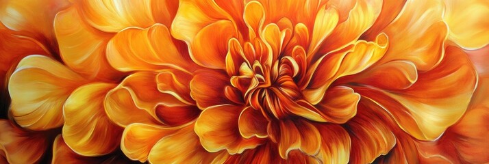 A marigold in vibrant yellows and deep oranges, petals swirling outward in a fiery, abstract style