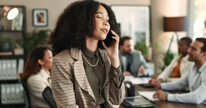Happy, business woman and meeting with phone call for proposal, discussion or conversation at office. Young, female person or employee consultant talking on mobile smartphone for chat at workplace