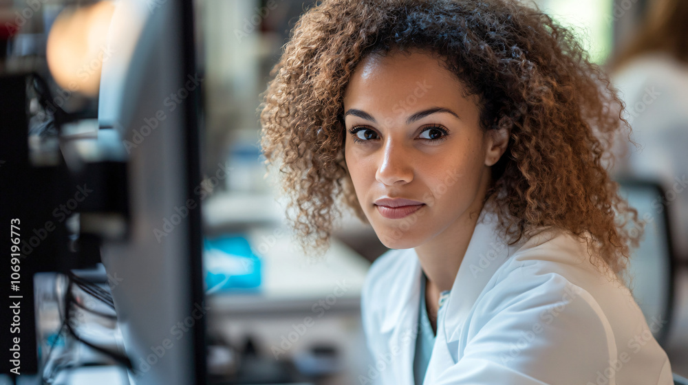 Aufkleber young scientist with curly hair is sitting in a laboratory and working on her computer
