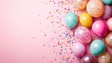 Colorful balloons and confetti on a pastel background, perfect for celebrations.