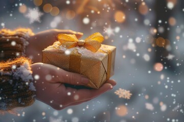 Fototapeta premium Hands holding snow-covered gift box with golden bow in winter snowfall