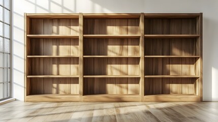 Blank wooden bookshelf, 3D rendering, emphasizing clean lines and natural wood grain. The minimalist design highlights the bookshelf’s versatility and readiness for personalization.