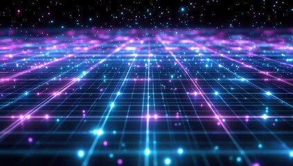 Obraz premium Abstract grid background with neon blue and purple lights, dark background Generative AI