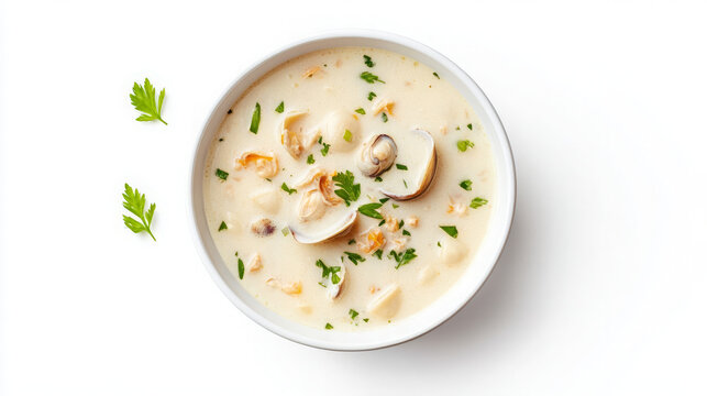 A bowl of creamy clam chowder garnished with parsley.