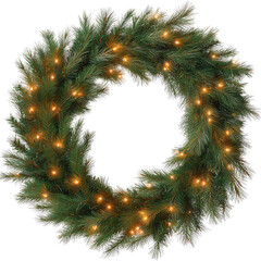 Decorative green wreath adorned with warm white lights, perfect for holiday celebrations at home. Isolated on transparent background, png.