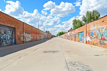 Fototapeta premium Vibrant Graffiti Walls Line a Narrow Street in an Urban Setting
