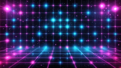 Fototapeta premium Abstract grid background with neon blue and purple lights on a black, digital cyberpunk-style wallpaper Generative AI