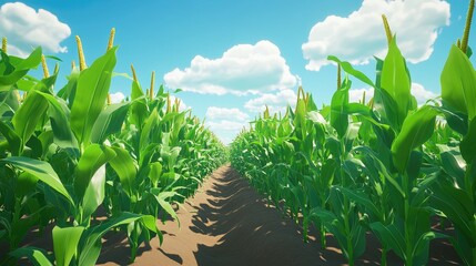 Obraz premium Tall green stalks of organic corn with vibrant leaves growing densely in a corn maze field