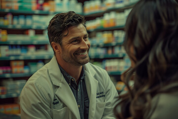Fototapeta premium Caucasian male pharmacist talking with customer in pharmacy.