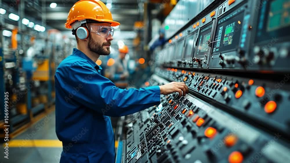 Poster worker operating machinery in a factory setting with control panels during the daytime shift