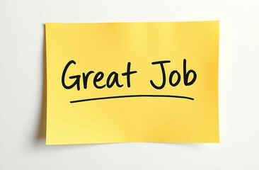 Motivation, Great Job words written on yellow sticky note isolated on white background