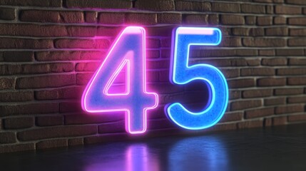 Number 45 Neon Sign With Pink And Blue Glowing On A Brick Wall Background. 3D Rendering