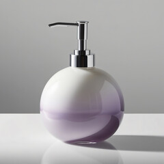 Glass sculpture of a soap dispenser with lavender gradient body and silver-tinted pump on light gray background, generative ai