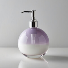 Glass sculpture of a soap dispenser with lavender gradient body and silver-tinted pump on light gray background, generative ai
