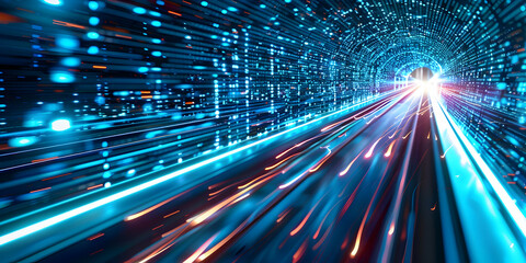 A background of digital data streams with speed lines, representing the high-speed nature 