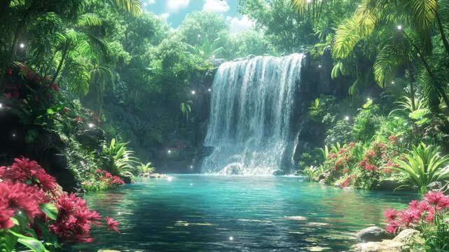 Immerse yourself in the tranquility of a vibrant tropical paradise featuring a stunning waterfall and colorful flora. seamless looping 4K time-lapse virtual video animation background