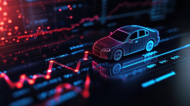 The automotive sector growth through car icons and market trends on your laptop screen