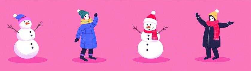 Celebrate christmas joy with fun snowman and winter characters in festive colors