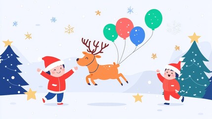Children celebrate christmas with joyful balloons and a flying reindeer in winter wonderland