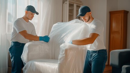 Obraz premium Loaders unload furniture in the house