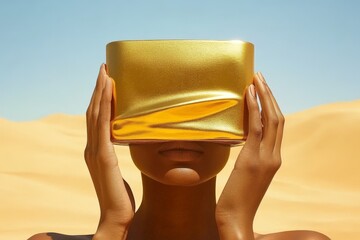 Woman wearing golden VR headset in desert symbolizing luxury immersive technology and futuristic experience in a bold avant garde setting