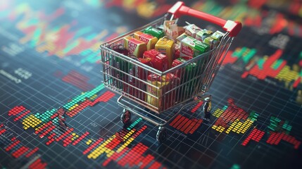 Consumer staples sector with grocery icon depicted on stock trend graphs