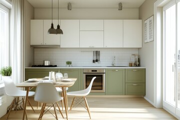 Modern Kitchen with Green Cabinets and a Wooden Dining Table