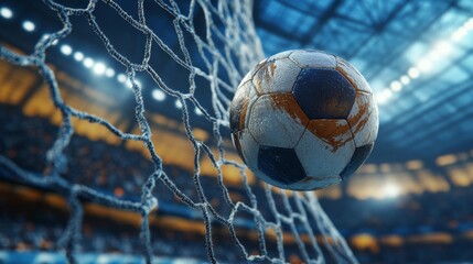 Naklejka premium Soccer ball strikes the net a captivating moment in sports photography