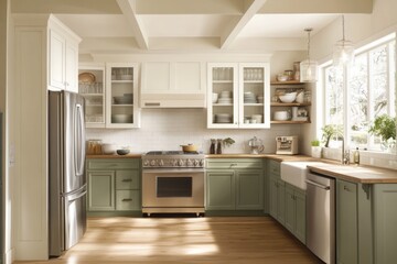 Modern Kitchen with Stainless Steel Appliances and Green Cabinets
