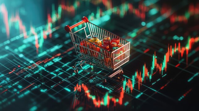 Consumer staples sector performance with grocery icons on stock trend graphs